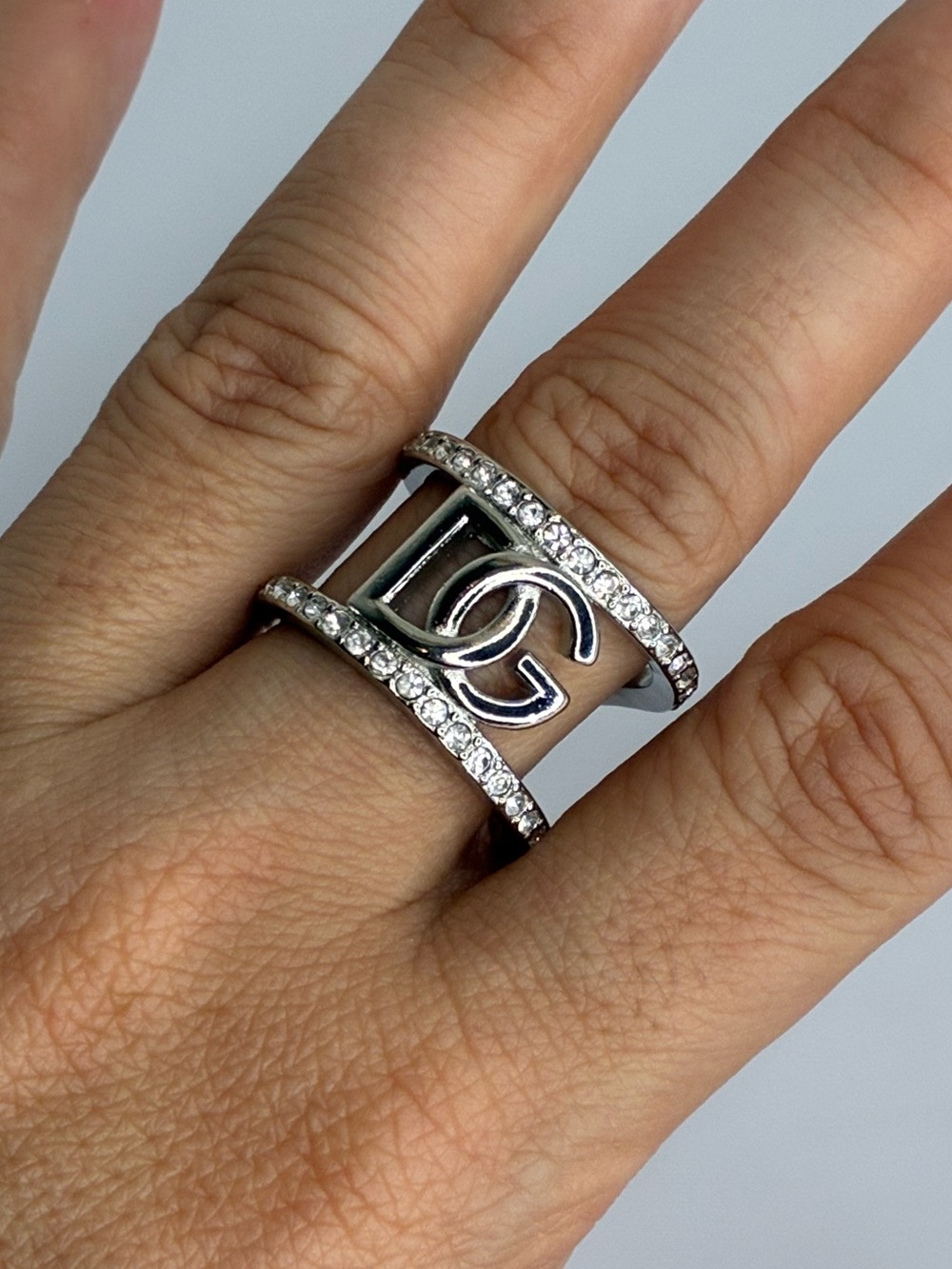 Vintage Silver-Tone Double Band Ring with Crystal Accents